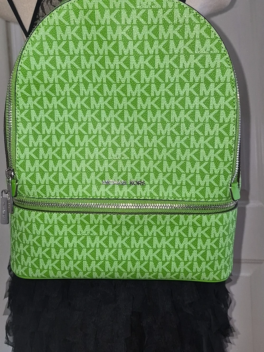 Michael Kors Green MK Monogram Backpack with Silver Accents